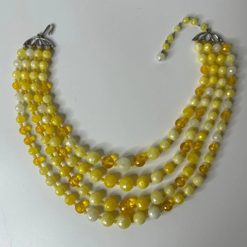 Vintage Yellow Beaded‎ Four Strand Statement Necklace Plastic Layered Sunny Mod